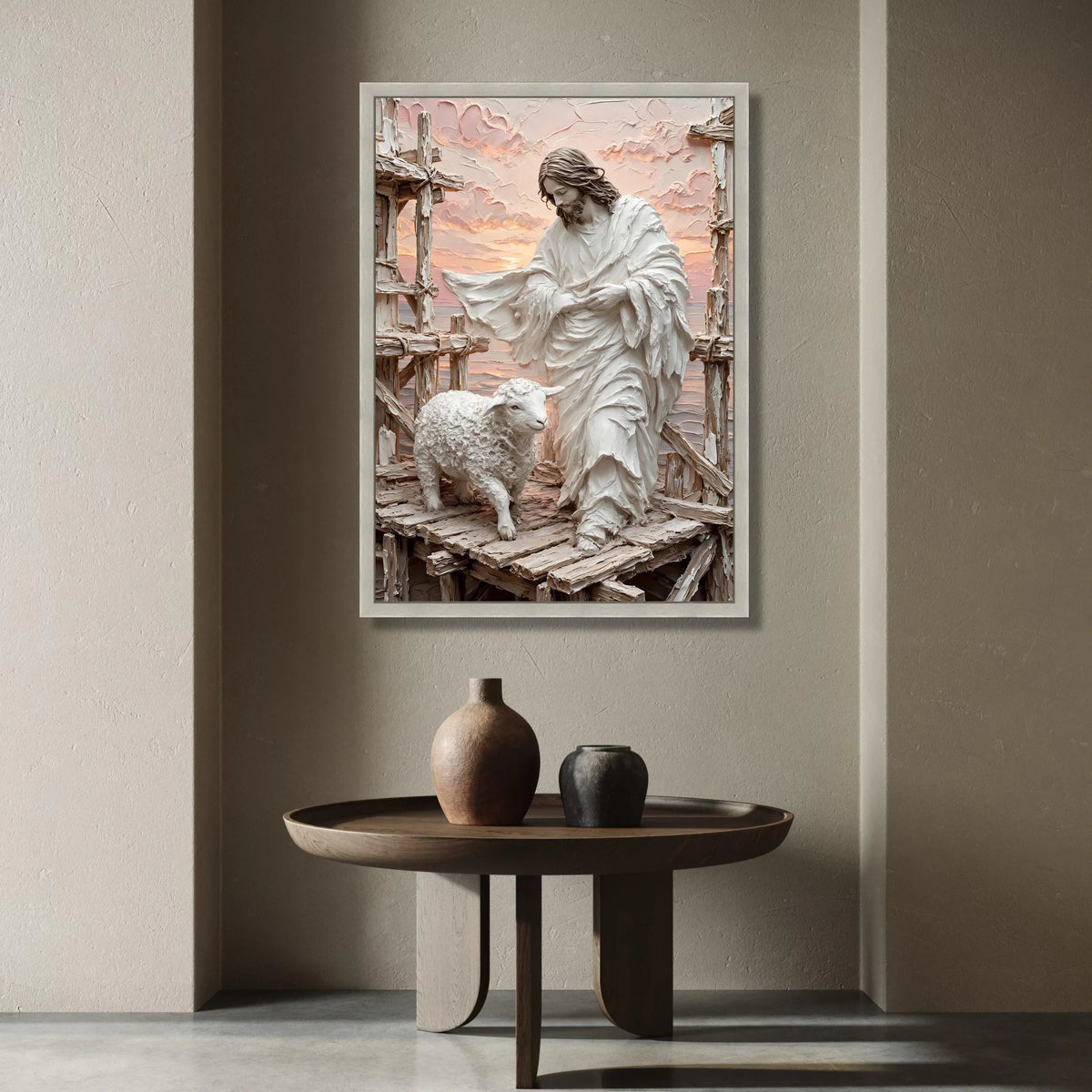 Jesus Shepherd Canvas Wall Art, Lamb and Crosses Religious Wall Decor, Spiritual Christian Canvas, Inspirational Faith Canvas Print Art