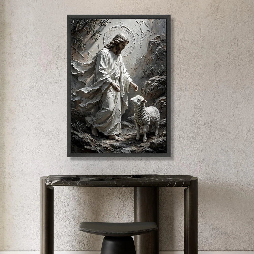 Jesus with Lamb Canvas Wall Art, Spiritual Religious Canvas, Christian Home Decor, Shepherd and Sheep Artwork, Faith Wall Canvas Print Art
