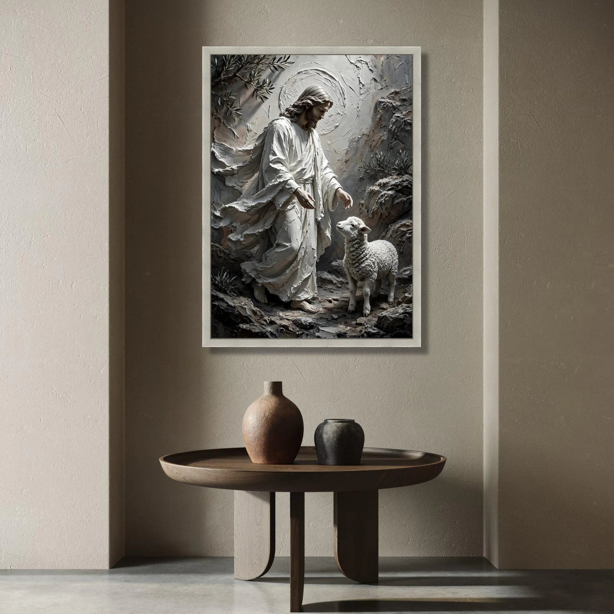 Jesus with Lamb Canvas Wall Art, Spiritual Religious Canvas, Christian Home Decor, Shepherd and Sheep Artwork, Faith Wall Canvas Print Art