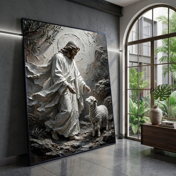 Jesus with Lamb Canvas Wall Art, Spiritual Religious Canvas, Christian Home Decor, Shepherd and Sheep Artwork, Faith Wall Canvas Print Art