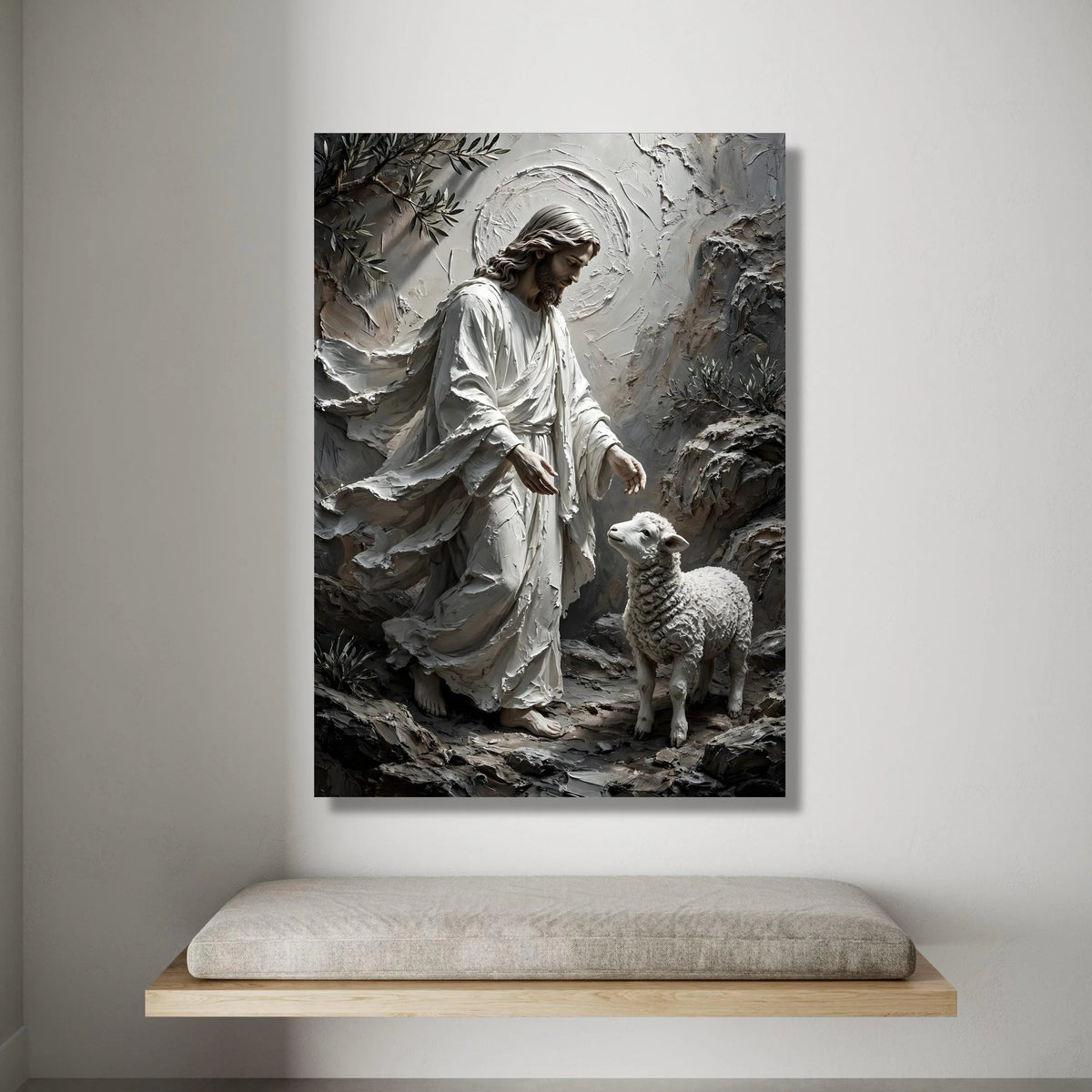 Jesus with Lamb Canvas Wall Art, Spiritual Religious Canvas, Christian Home Decor, Shepherd and Sheep Artwork, Faith Wall Canvas Print Art