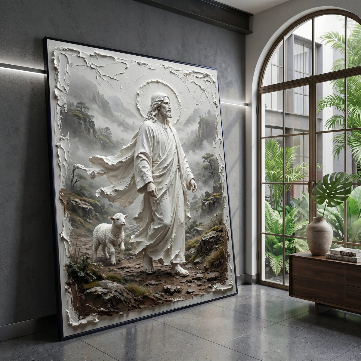 Jesus with Lamb Canvas Wall Art, Religious Spiritual Decor, Christian Faith Illustration, Inspirational Wall Hanging, Canvas Print Art