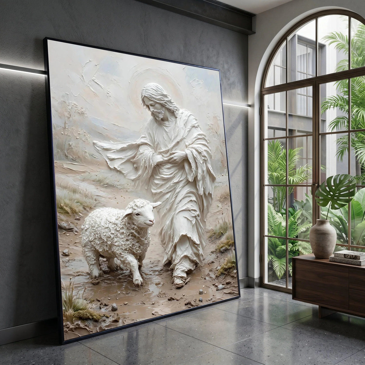 Gentle Shepherd with Lamb Canvas Wall Art, Spiritual Religious Canvas, Christian Faith Home Decoration, Peaceful Pastoral Canvas Print Art
