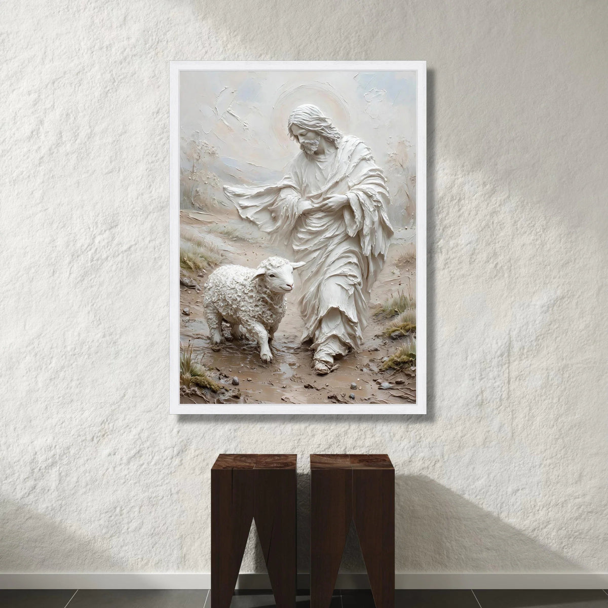 Gentle Shepherd with Lamb Canvas Wall Art, Spiritual Religious Canvas, Christian Faith Home Decoration, Peaceful Pastoral Canvas Print Art