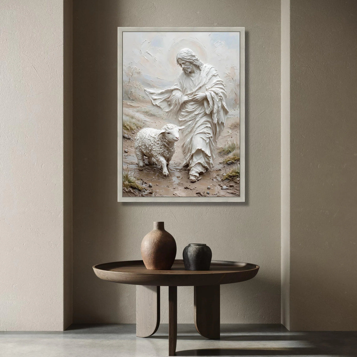 Gentle Shepherd with Lamb Canvas Wall Art, Spiritual Religious Canvas, Christian Faith Home Decoration, Peaceful Pastoral Canvas Print Art