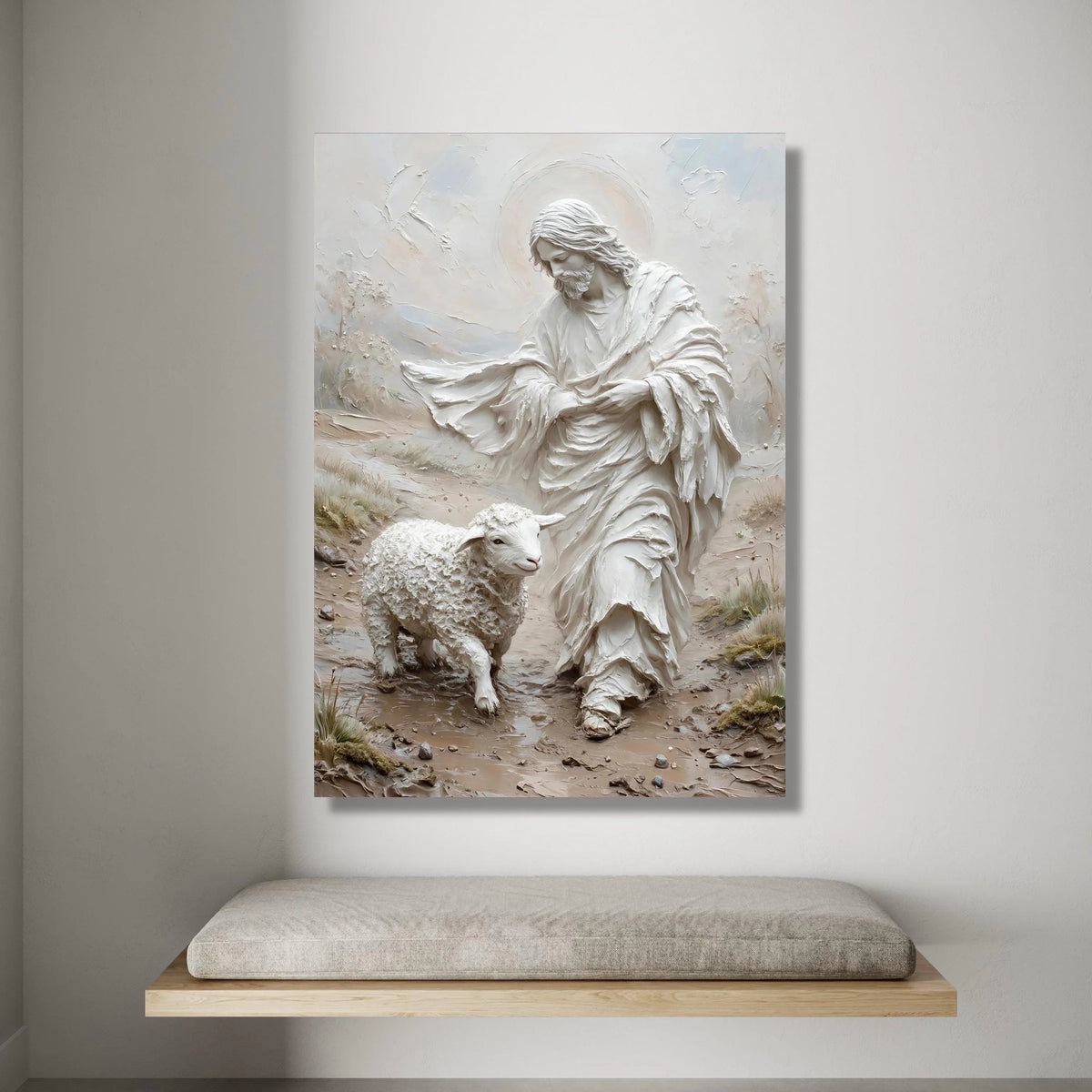 Gentle Shepherd with Lamb Canvas Wall Art, Spiritual Religious Canvas, Christian Faith Home Decoration, Peaceful Pastoral Canvas Print Art