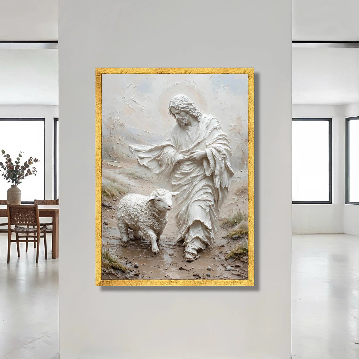 Gentle Shepherd with Lamb Canvas Wall Art, Spiritual Religious Canvas, Christian Faith Home Decoration, Peaceful Pastoral Canvas Print Art