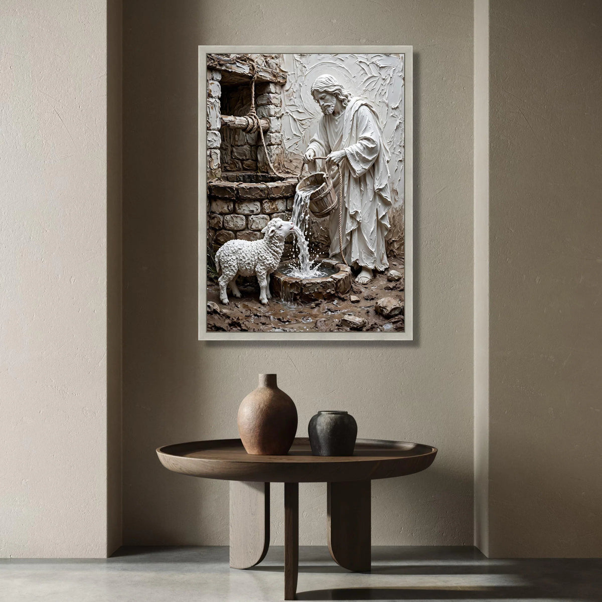 Jesus Caring for Lamb Canvas Wall Art, Religious Spiritual Wall Decor, Sacred Christian Home Decoration, Compassionate Canvas Print Art