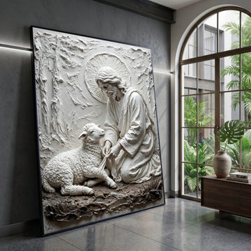 Gentle Shepherd Canvas Wall Art, Religious Jesus and Lamb Design, Spiritual Home Decoration, Christian Faith Wall Hanging Canvas Print Art