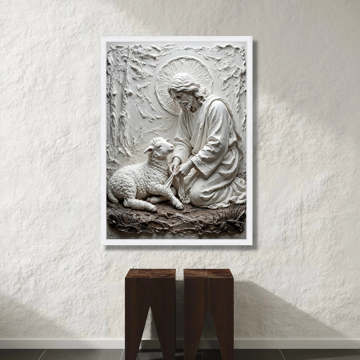 Gentle Shepherd Canvas Wall Art, Religious Jesus and Lamb Design, Spiritual Home Decoration, Christian Faith Wall Hanging Canvas Print Art
