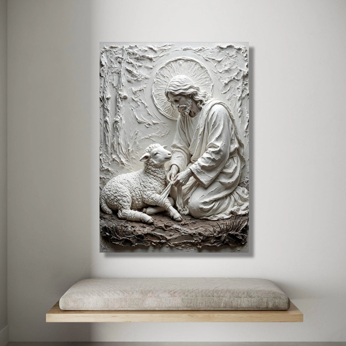 Gentle Shepherd Canvas Wall Art, Religious Jesus and Lamb Design, Spiritual Home Decoration, Christian Faith Wall Hanging Canvas Print Art