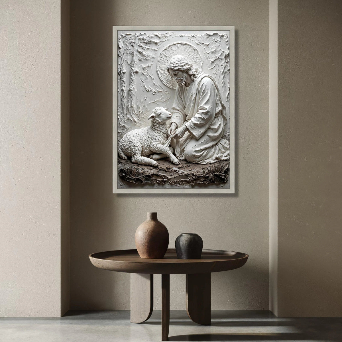 Gentle Shepherd Canvas Wall Art, Religious Jesus and Lamb Design, Spiritual Home Decoration, Christian Faith Wall Hanging Canvas Print Art