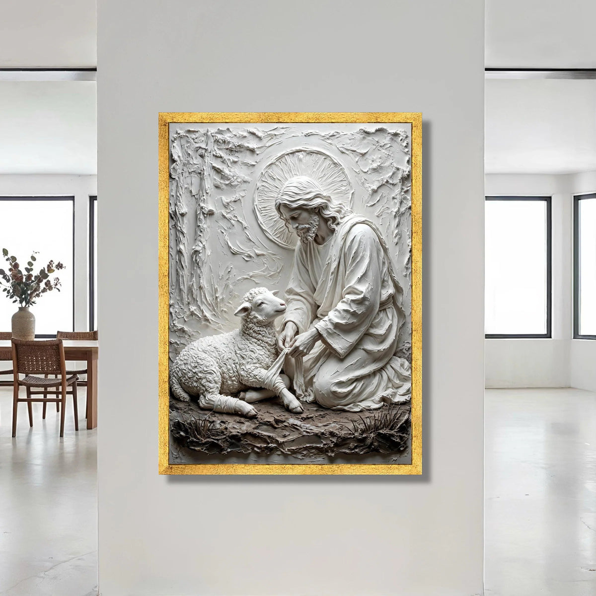 Gentle Shepherd Canvas Wall Art, Religious Jesus and Lamb Design, Spiritual Home Decoration, Christian Faith Wall Hanging Canvas Print Art