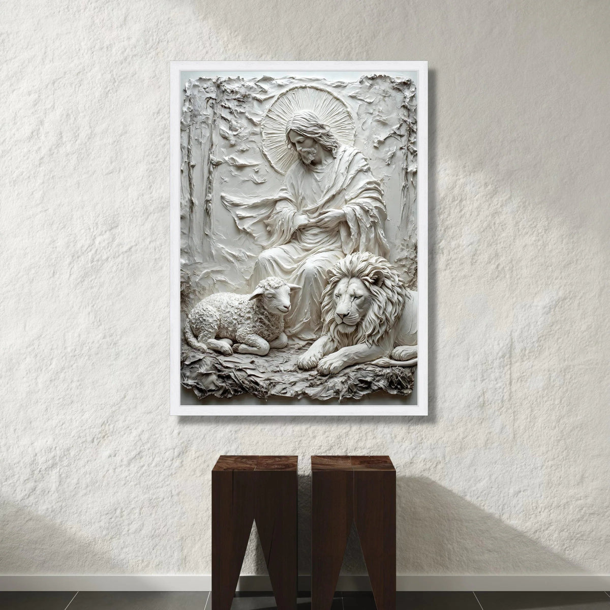 Spiritual Shepherd with Lamb and Lion Canvas, Religious Christian Wall Art, Sacred Peaceful Home Decoration, Faith Canvas Canvas Print Art