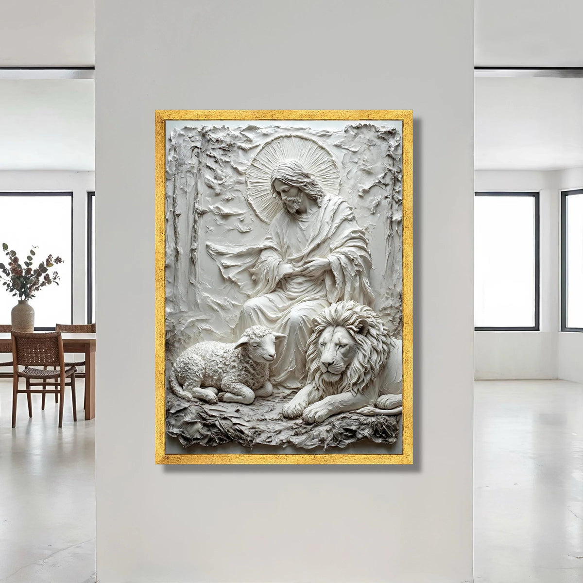Spiritual Shepherd with Lamb and Lion Canvas, Religious Christian Wall Art, Sacred Peaceful Home Decoration, Faith Canvas Canvas Print Art