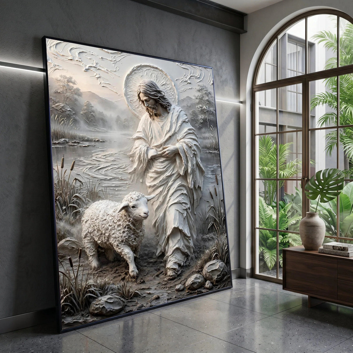 Jesus with Lamb Canvas Wall Art, Spiritual Religious Home Decoration, Sacred Christian Landscape Canvas, Faith Wall Hanging Canvas Print Art