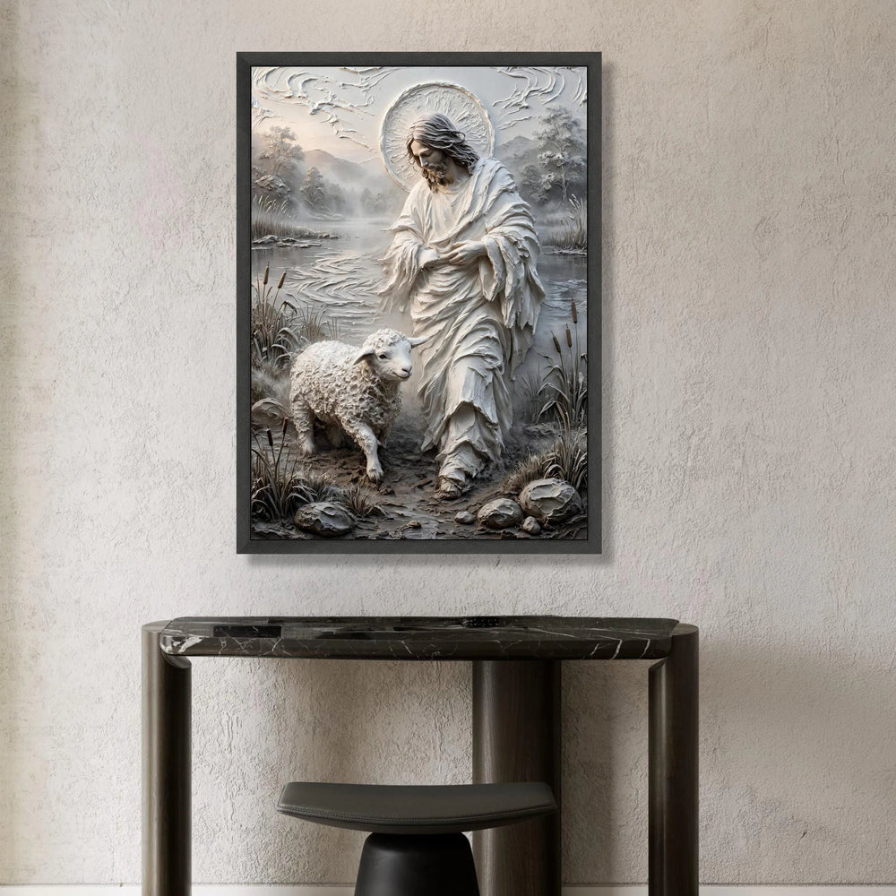 Jesus with Lamb Canvas Wall Art, Spiritual Religious Home Decoration, Sacred Christian Landscape Canvas, Faith Wall Hanging Canvas Print Art