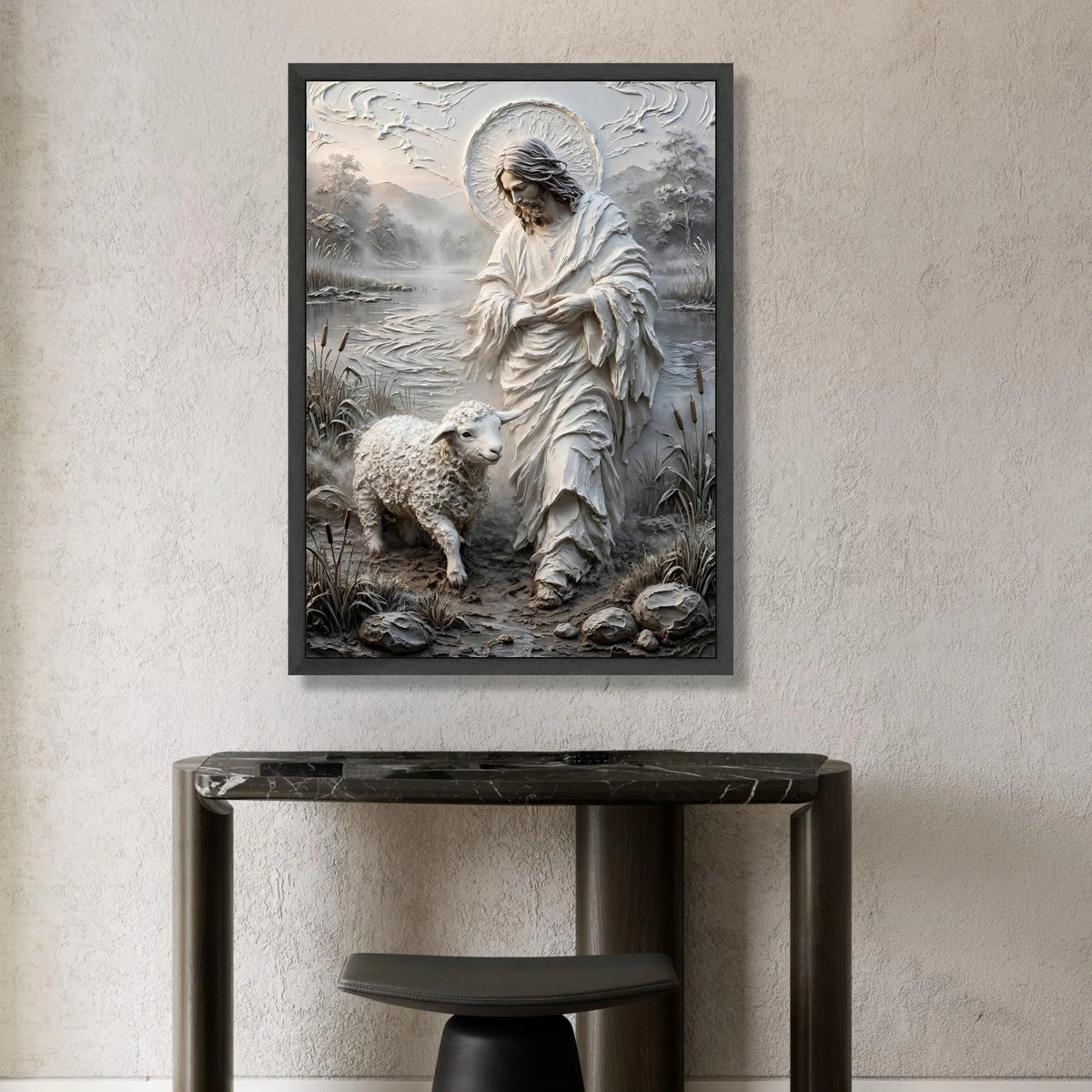 Jesus with Lamb Canvas Wall Art, Spiritual Religious Home Decoration, Sacred Christian Landscape Canvas, Faith Wall Hanging Canvas Print Art