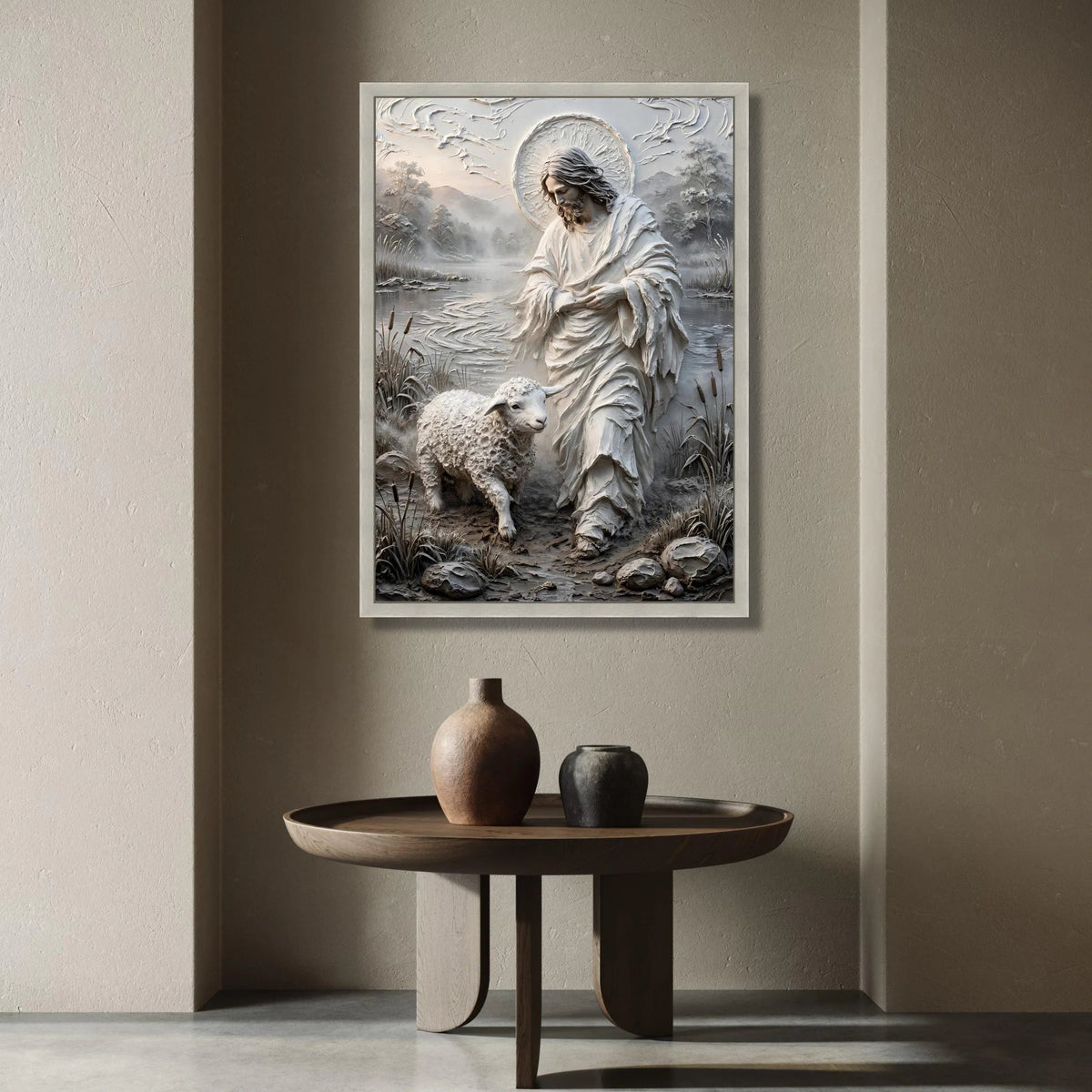 Jesus with Lamb Canvas Wall Art, Spiritual Religious Home Decoration, Sacred Christian Landscape Canvas, Faith Wall Hanging Canvas Print Art