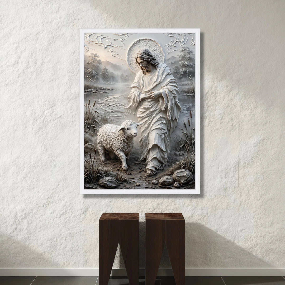 Jesus with Lamb Canvas Wall Art, Spiritual Religious Home Decoration, Sacred Christian Landscape Canvas, Faith Wall Hanging Canvas Print Art