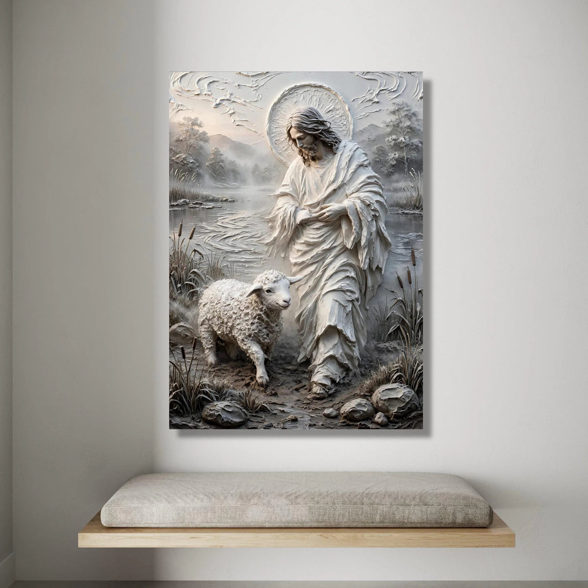 Jesus with Lamb Canvas Wall Art, Spiritual Religious Home Decoration, Sacred Christian Landscape Canvas, Faith Wall Hanging Canvas Print Art