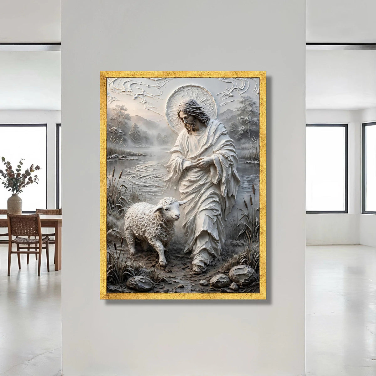Jesus with Lamb Canvas Wall Art, Spiritual Religious Home Decoration, Sacred Christian Landscape Canvas, Faith Wall Hanging Canvas Print Art