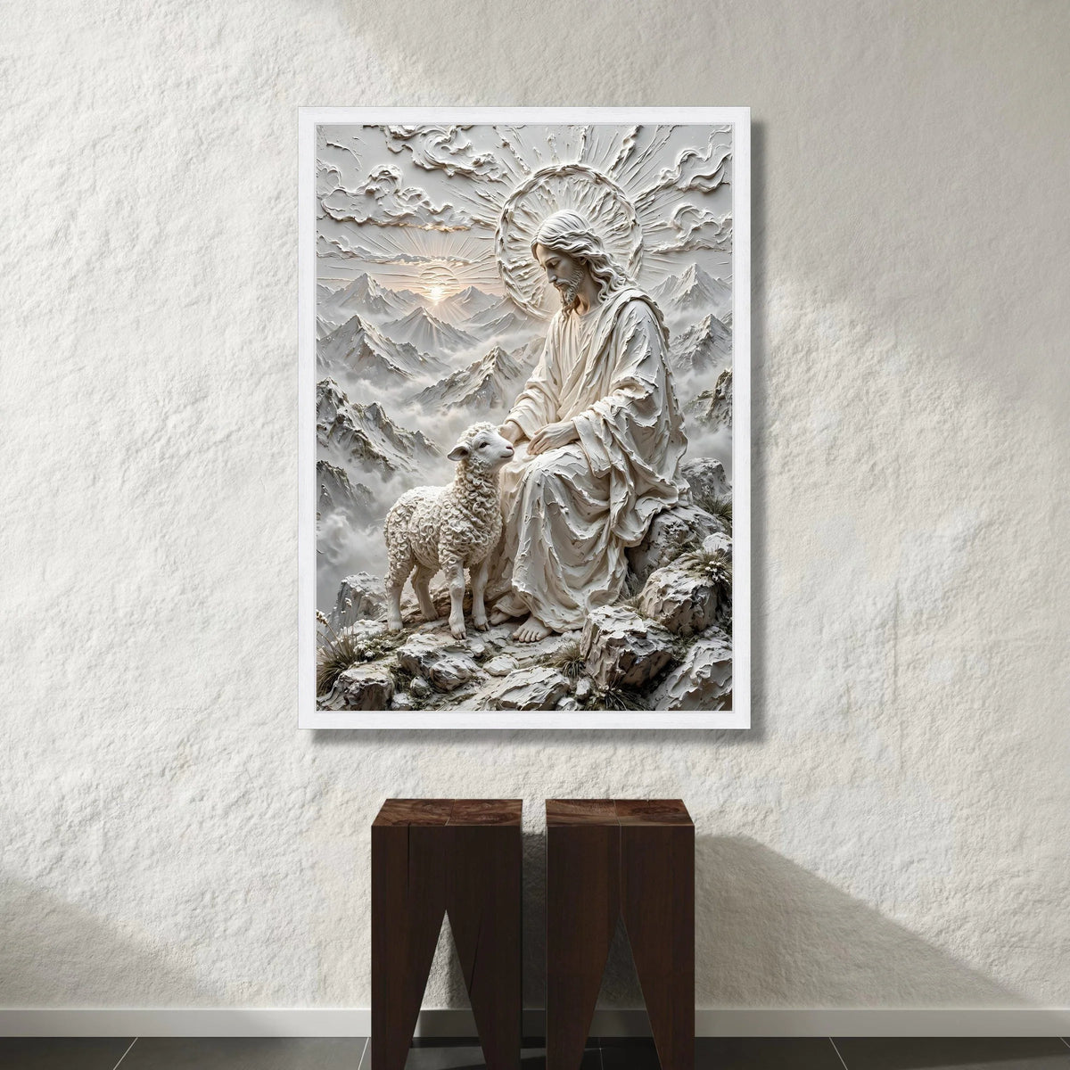 Jesus with Lamb Canvas Wall Art, Spiritual Religious Decor, Sacred Christian Wall Hanging, Mountain Sunrise Landscape, Canvas Print Art
