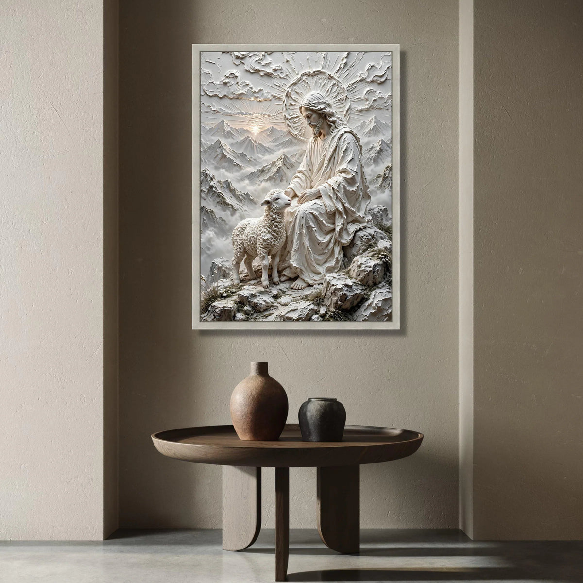 Jesus with Lamb Canvas Wall Art, Spiritual Religious Decor, Sacred Christian Wall Hanging, Mountain Sunrise Landscape, Canvas Print Art