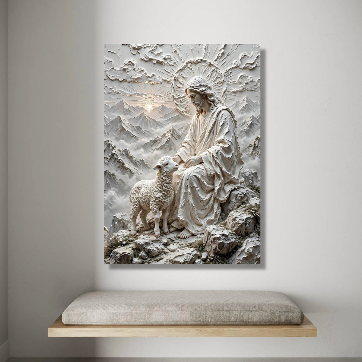 Jesus with Lamb Canvas Wall Art, Spiritual Religious Decor, Sacred Christian Wall Hanging, Mountain Sunrise Landscape, Canvas Print Art