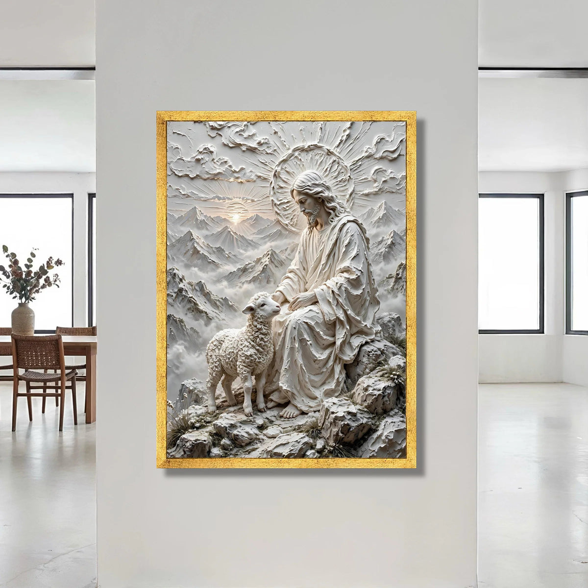 Jesus with Lamb Canvas Wall Art, Spiritual Religious Decor, Sacred Christian Wall Hanging, Mountain Sunrise Landscape, Canvas Print Art