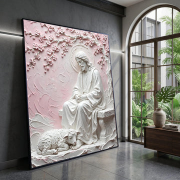 Serene Jesus with Lamb Canvas, Religious Wall Art, Spiritual Home Decor, Pastel Pink Floral Branches, Christian Canvas Canvas Print Art