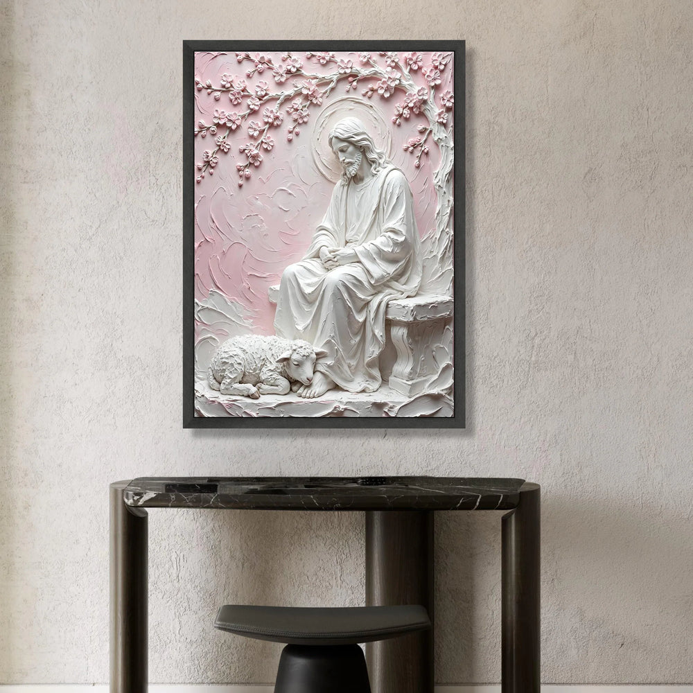 Serene Jesus with Lamb Canvas, Religious Wall Art, Spiritual Home Decor, Pastel Pink Floral Branches, Christian Canvas Canvas Print Art