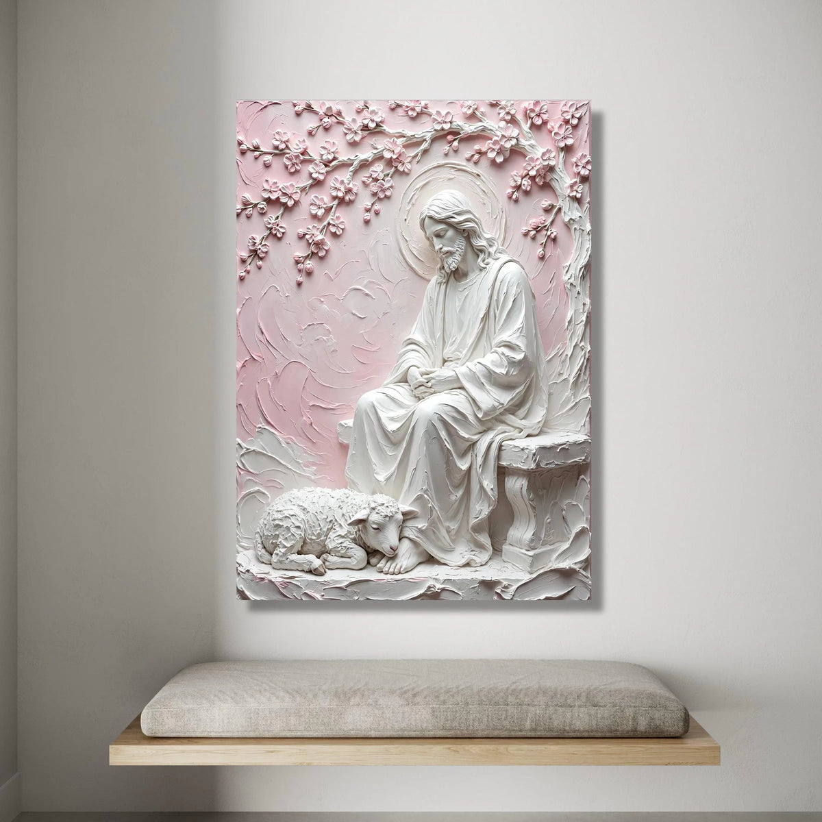Serene Jesus with Lamb Canvas, Religious Wall Art, Spiritual Home Decor, Pastel Pink Floral Branches, Christian Canvas Canvas Print Art