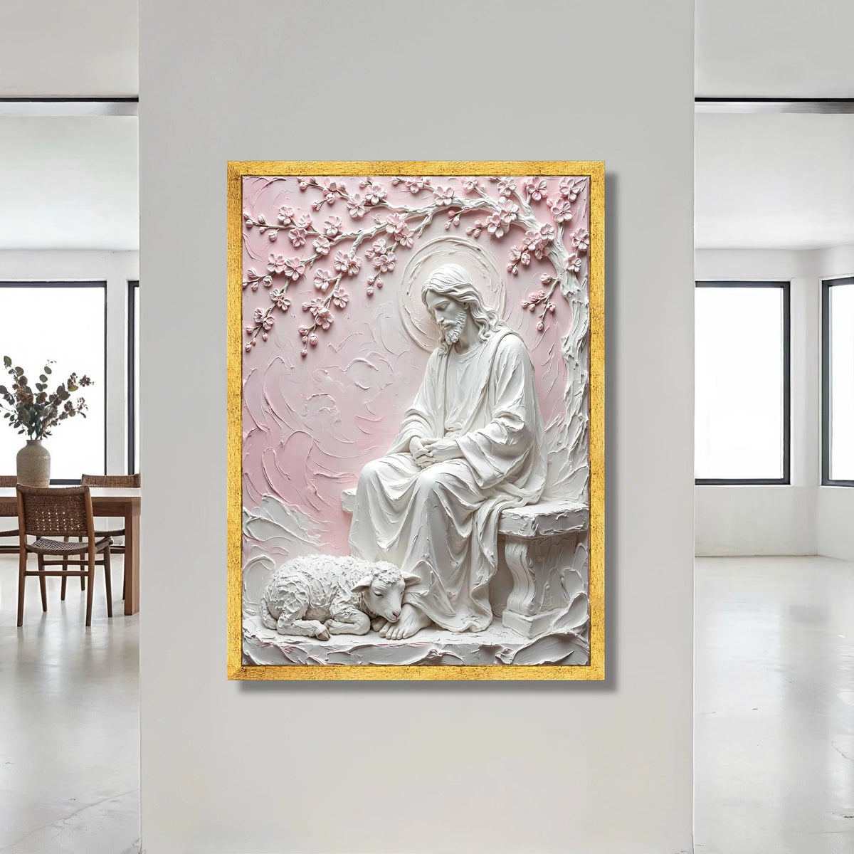 Serene Jesus with Lamb Canvas, Religious Wall Art, Spiritual Home Decor, Pastel Pink Floral Branches, Christian Canvas Canvas Print Art