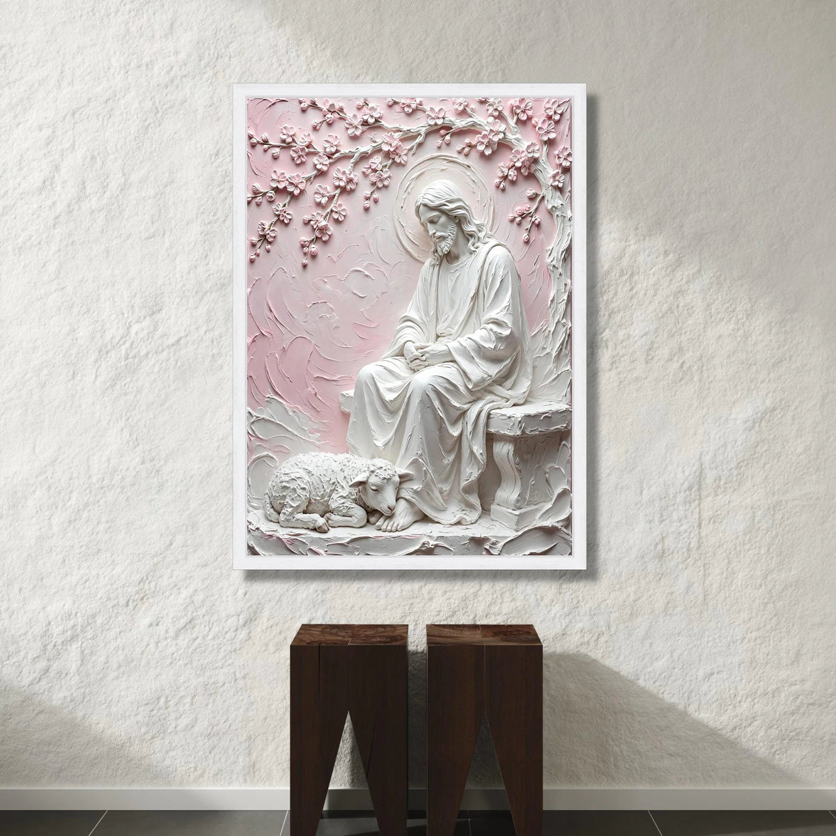 Serene Jesus with Lamb Canvas, Religious Wall Art, Spiritual Home Decor, Pastel Pink Floral Branches, Christian Canvas Canvas Print Art