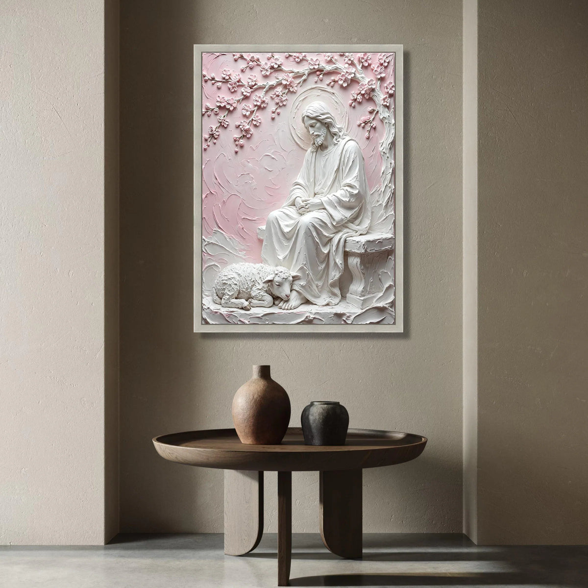 Serene Jesus with Lamb Canvas, Religious Wall Art, Spiritual Home Decor, Pastel Pink Floral Branches, Christian Canvas Canvas Print Art