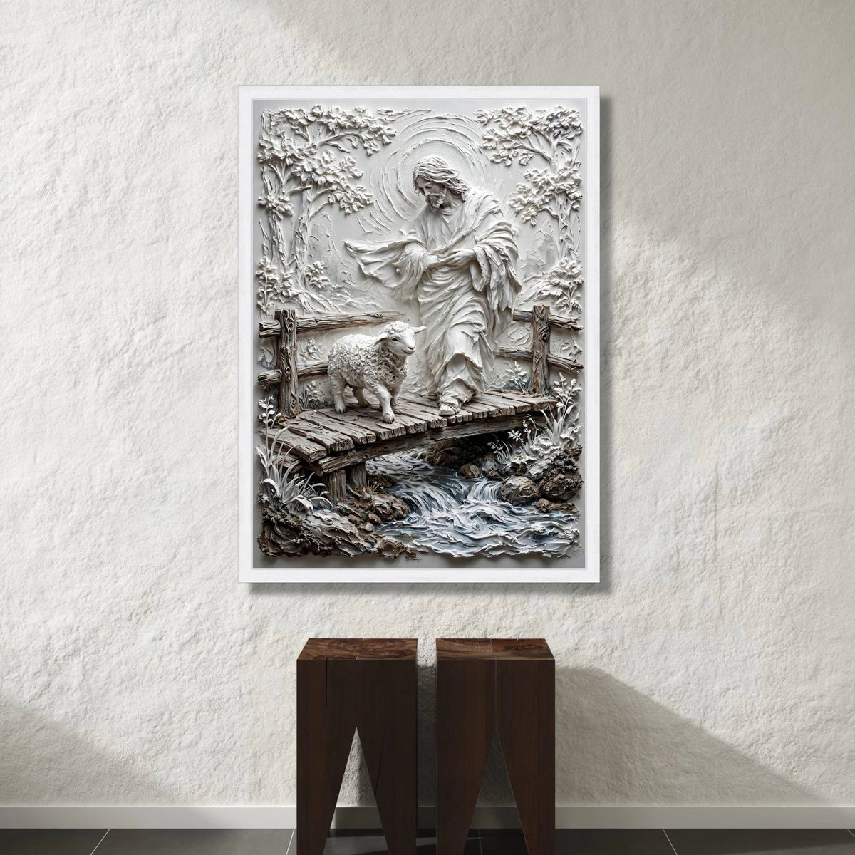 Shepherd and Lamb Crossing Bridge Canvas, Religious Christian Wall Art, Spiritual Home Decor, Serene Nature Scene Canvas Canvas Print Art