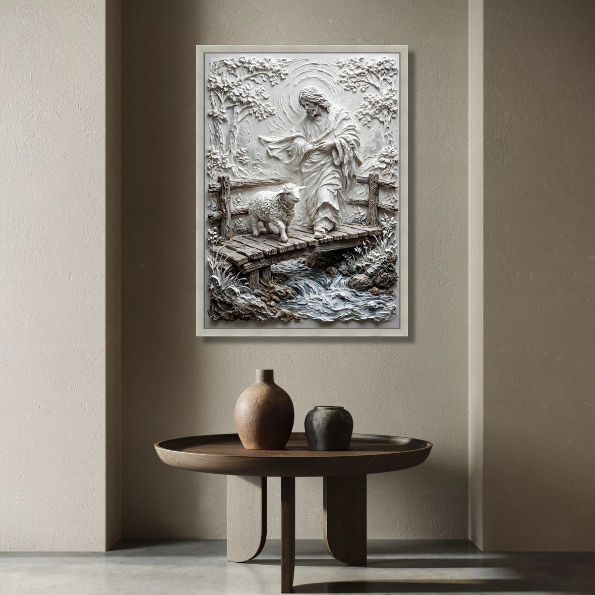 Shepherd and Lamb Crossing Bridge Canvas, Religious Christian Wall Art, Spiritual Home Decor, Serene Nature Scene Canvas Canvas Print Art