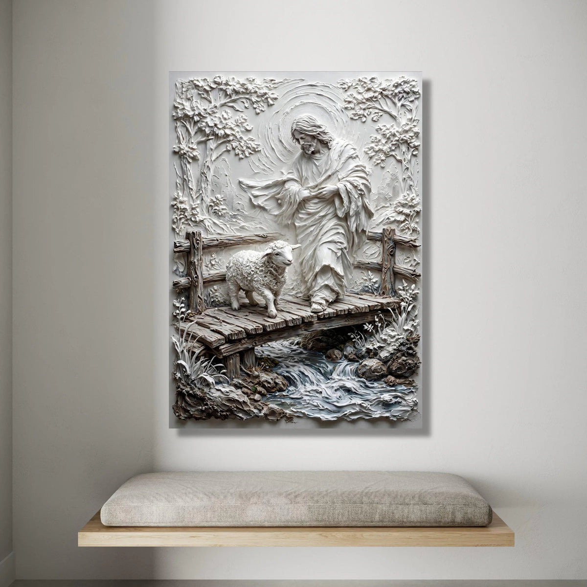 Shepherd and Lamb Crossing Bridge Canvas, Religious Christian Wall Art, Spiritual Home Decor, Serene Nature Scene Canvas Canvas Print Art