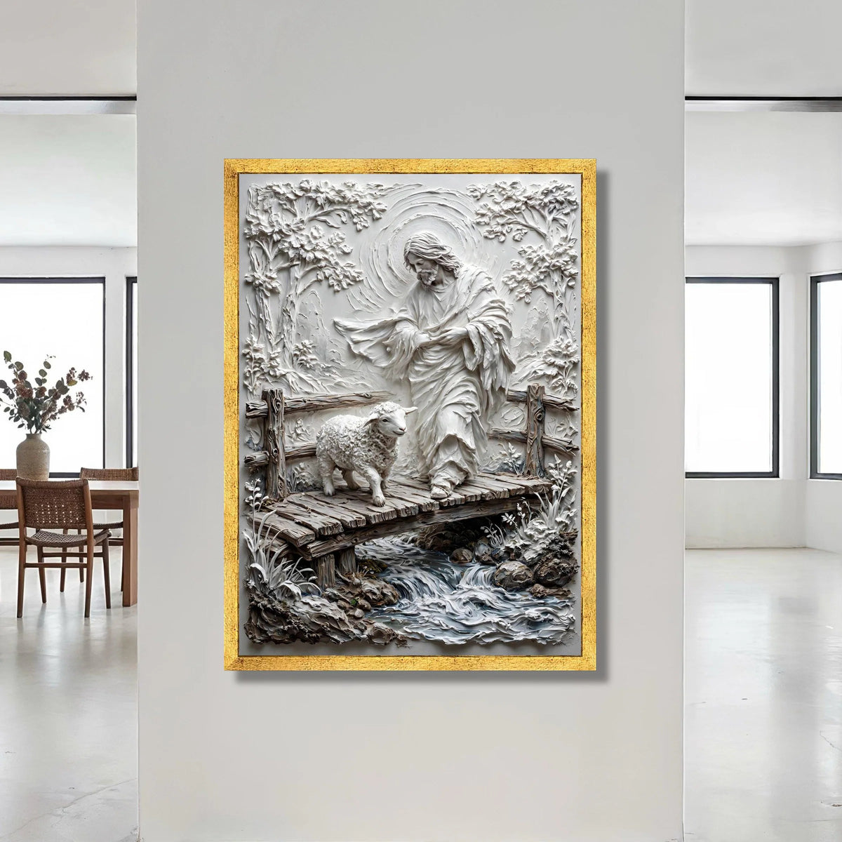 Shepherd and Lamb Crossing Bridge Canvas, Religious Christian Wall Art, Spiritual Home Decor, Serene Nature Scene Canvas Canvas Print Art