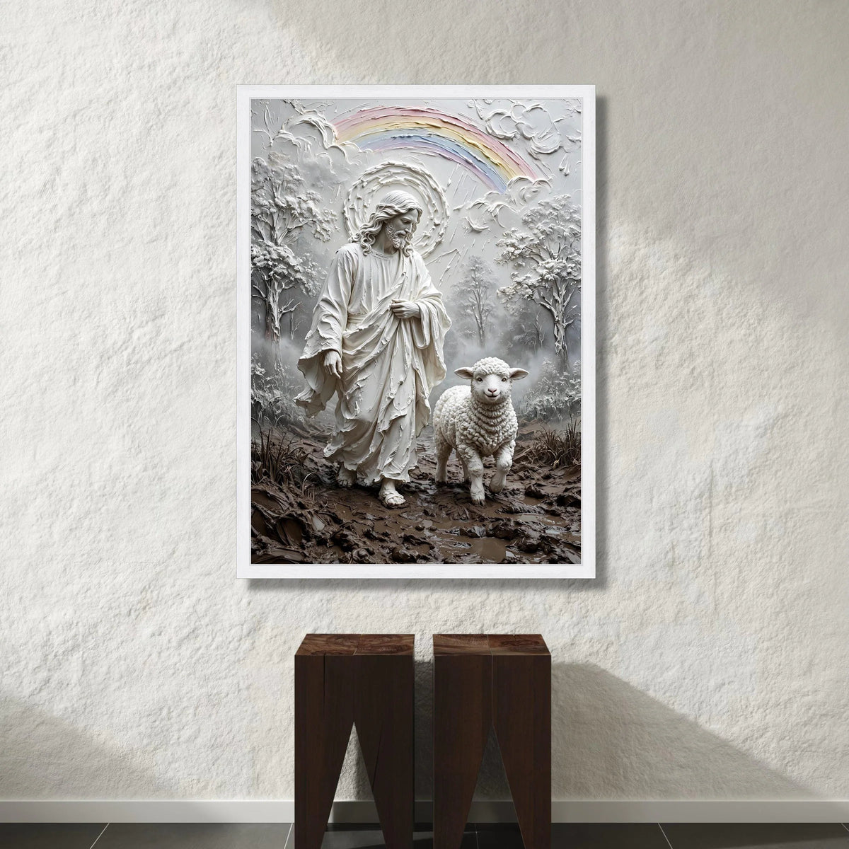 Jesus with Lamb Religious Canvas Wall Art, Shepherd and Sheep Spiritual Home Decor, Rainbow Nature Landscape Canvas, Canvas Print Art