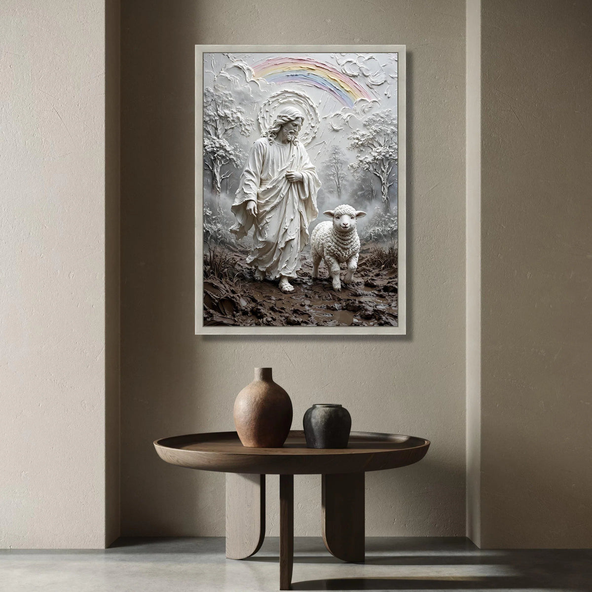 Jesus with Lamb Religious Canvas Wall Art, Shepherd and Sheep Spiritual Home Decor, Rainbow Nature Landscape Canvas, Canvas Print Art