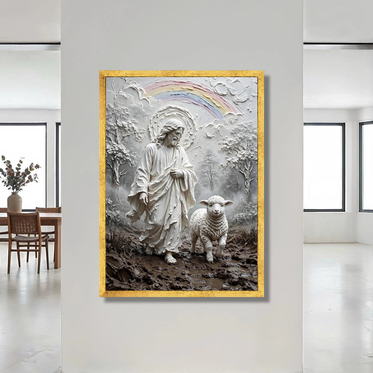 Jesus with Lamb Religious Canvas Wall Art, Shepherd and Sheep Spiritual Home Decor, Rainbow Nature Landscape Canvas, Canvas Print Art