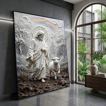 Jesus with Lamb Religious Canvas Wall Art, Shepherd and Sheep Spiritual Home Decor, Rainbow Nature Landscape Canvas, Canvas Print Art