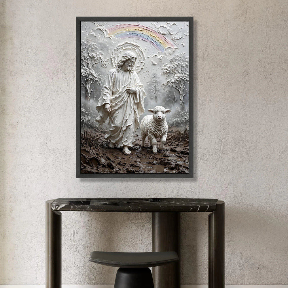 Jesus with Lamb Religious Canvas Wall Art, Shepherd and Sheep Spiritual Home Decor, Rainbow Nature Landscape Canvas, Canvas Print Art