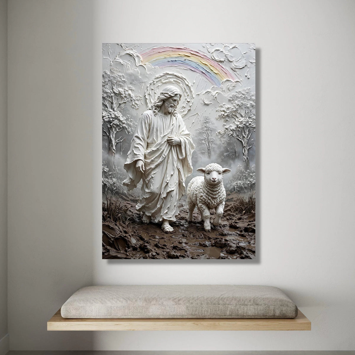 Jesus with Lamb Religious Canvas Wall Art, Shepherd and Sheep Spiritual Home Decor, Rainbow Nature Landscape Canvas, Canvas Print Art