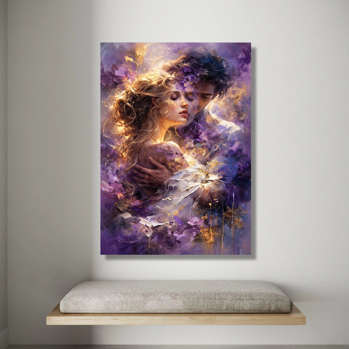 Romantic Embrace Canvas, Couple Portrait Wall Art, Purple Abstract Background, Emotional Love Scene Canvas, Intimate Home Canvas Print Art