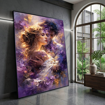 Romantic Embrace Canvas, Couple Portrait Wall Art, Purple Abstract Background, Emotional Love Scene Canvas, Intimate Home Canvas Print Art