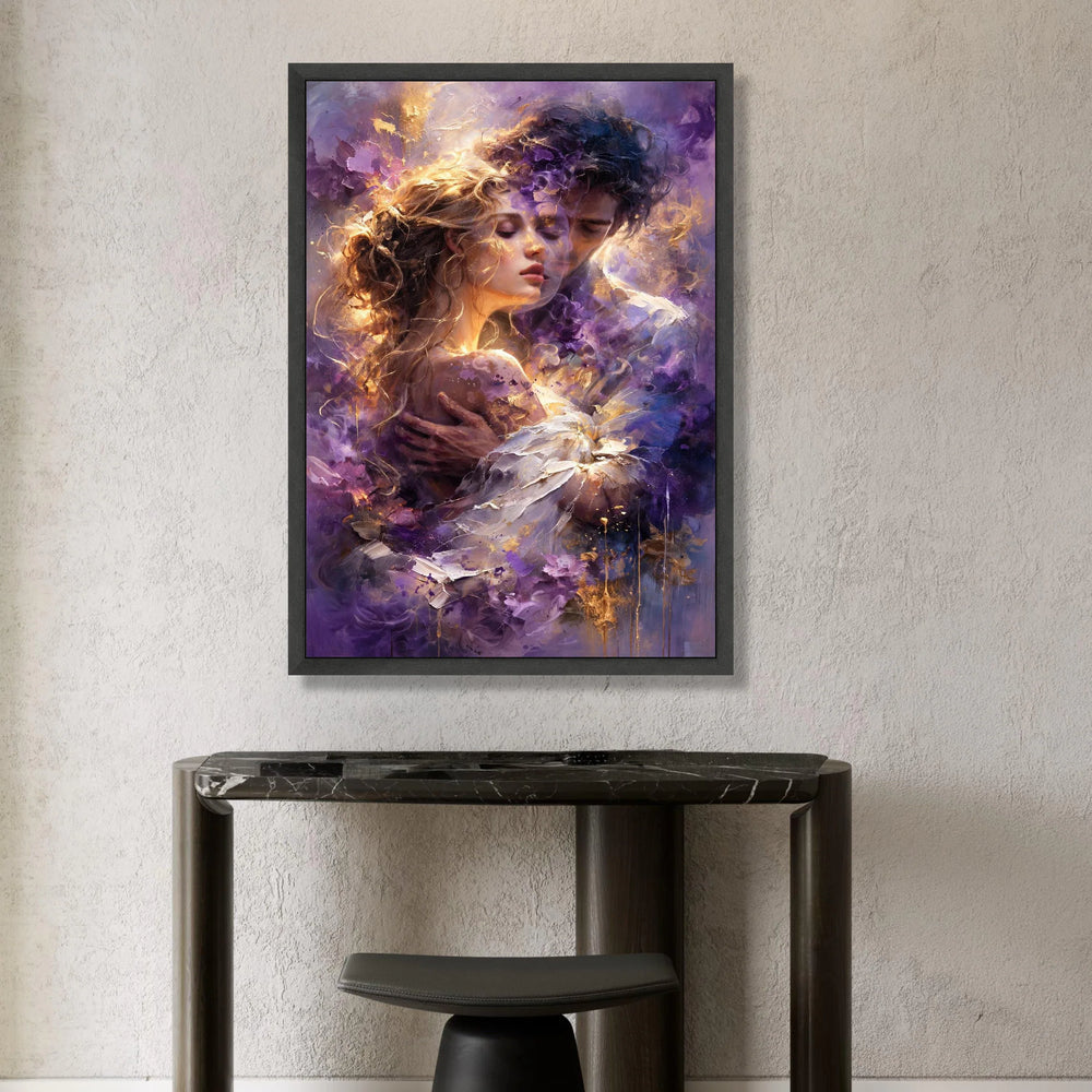Romantic Embrace Canvas, Couple Portrait Wall Art, Purple Abstract Background, Emotional Love Scene Canvas, Intimate Home Canvas Print Art