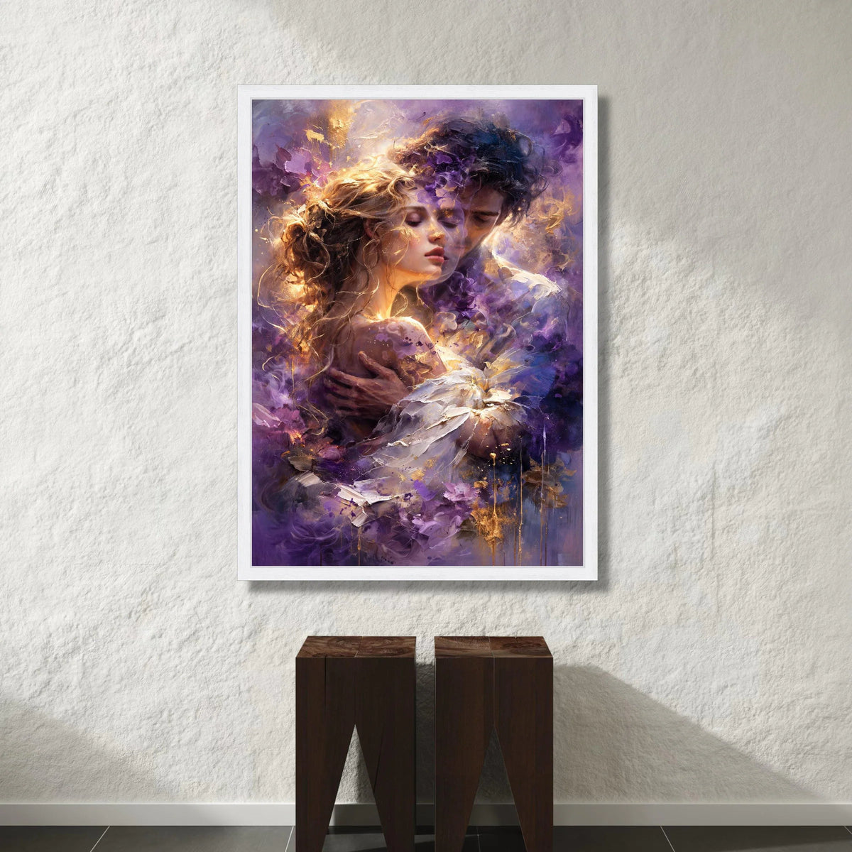 Romantic Embrace Canvas, Couple Portrait Wall Art, Purple Abstract Background, Emotional Love Scene Canvas, Intimate Home Canvas Print Art